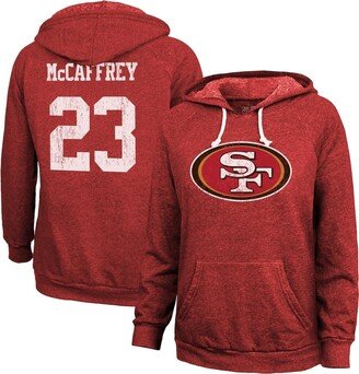 Women's Threads Christian McCaffrey Scarlet Distressed San Francisco 49ers Name and Number Tri-Blend Pullover Hoodie