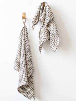 Beige Linen Kitchen Towels Set, Black Plaid Hand With Hanging Loop, Checkered Washed Dish Towel, Gingham Tea Towel