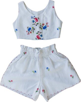 Sugar Cream Vintage Vintage Summer Crop Top & Shorts Set With Floral Embroidery