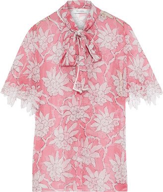 Pussy-bow floral-print silk-chiffon blouse