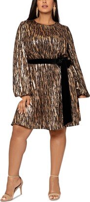 Plus Size Sequined Belted A-Line Dress - Black/Gold