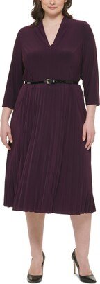 Plus Size V-Neck Belted Pleated Knit Dress