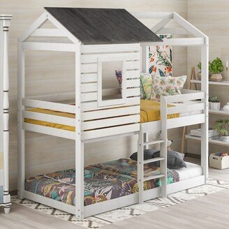 GEROJO Full Size Wood House Bed with Fence & Chimney, Playhouse Design