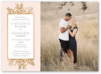 Wedding Invitations: Bronze Botanicals Wedding Invitation, Pink, 5X7, Standard Smooth Cardstock, Square