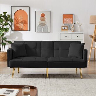 GEROJO Black Velvet Sofa Bed, Converts Into a Bed, Multiple Adjustable Positions, with Central Armrest and Gold Metal Legs