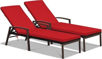 2PCS Adjustable Patio Rattan Chaise Recliner Lounge Chair w/ Red - 76'' x 24'' x 14''-38''