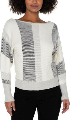 Women's Boatneck Dolman Sweater with Color-Block Detail Cream/Black Color-Block Large