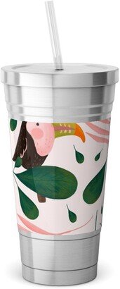 Travel Mugs: Jungle Pattern - Pink Stainless Tumbler With Straw, 18Oz, Pink