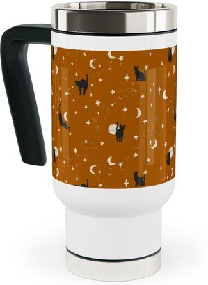 Travel Mugs: Halloween Black Cats - Orange Travel Mug With Handle, 17Oz, Orange