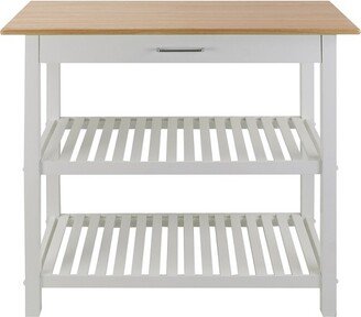 Kitchen Island Bar Station with Hardwood Counter Top, Stainless Steel Towel Rack, 1 Large Drawer and Lower Storage, White