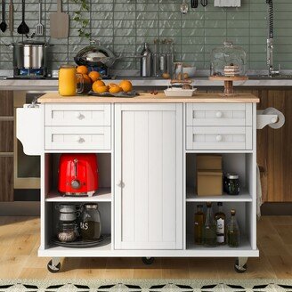 Zeus & Ruta White Kitchen Island Cart on 5 wheels with Spice Rack/Drawers