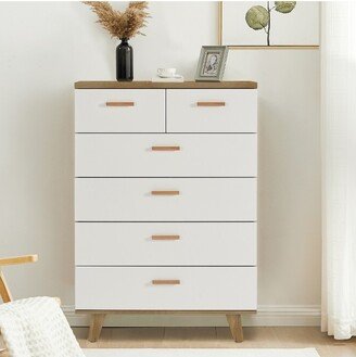 Modern 6 Drawer Dresser with Solid Wood Legs and Handles, White + Oak