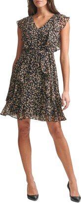 Petite Printed Ruffle Chiffon Dress - Black/Tan