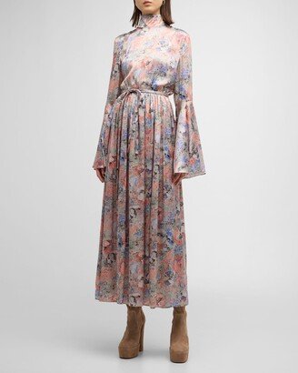 Floral-Print Turtleneck Flare-Sleeve Silk Maxi Dress