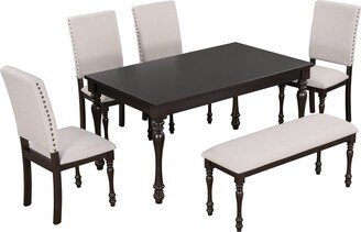 BESTCOSTY 6 Pcs Dining Table Set, 4 Upholstered Chairs & 1 Bench & 1 Table