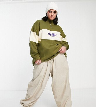 Daisy Street Plus funnel neck half zip sweatshirt in khaki