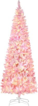 HOMCOM Prelit Snow Flocked Artificial Christmas Tree with Pencil Shape, Pine Realistic Branches, Warm White LED lights, Auto Open, Pink and White