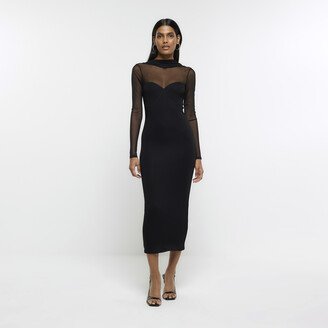 Womens Black Mesh Panel Bodycon Midi Dress