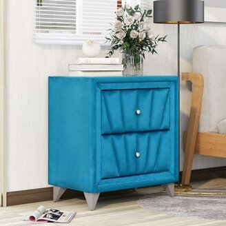 Calnod Upholstered Wooden Nightstand with Two Drawers - Velvet Fabric, Glass Worktop