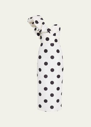 Sculptural One-Shoulder Polka Dot Cocktail Dress