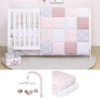 The Meadow 6 Piece Baby Nursery Crib Bedding Set, Quilt, Crib Sheets, Crib Skirt, and Mobile - Pink/white/grey