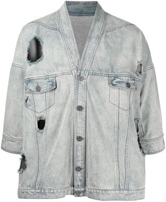 Collarless Ripped Denim Jacket