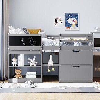 EDWINRAY Versatility Twin Low Loft Bed with Rolling Desk, Shelf & Drawers, Grey