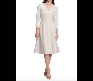 V-Neck Pleated Sleeve Knee Length Dress In Horn