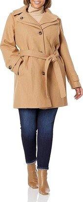 Women's Double Lapel Thigh Length Button Front Wool Coat with Belt (Camel) Women's Coat