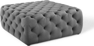 Amour Tufted Button Large Square Performance Velvet Ottoman Gray