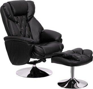 Transitional Multi-Position Recliner and Ottoman with Chrome Base in Black LeatherSoft