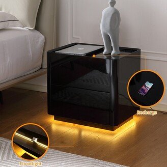 Tiramisu Glossy Wood Nightstand with Warm Yellow Tone Sensor Lighting Strip