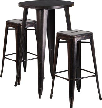 Lancaster Home 24'' Round Metal Indoor-Outdoor Bar Table Set with 2 Square Seat Backless Stools