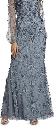 Floral Applique Illusion Sleeve Gown In Grey/blue