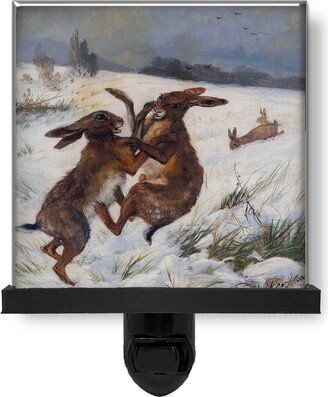 Cute Hares Rabbits Playing in Snow Vintage Style Winter Animal Nature Glass Photo Night Light, Decorative Lights