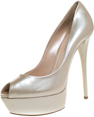 Beige Patent Leather Peep Toe Platform Pumps Size 40