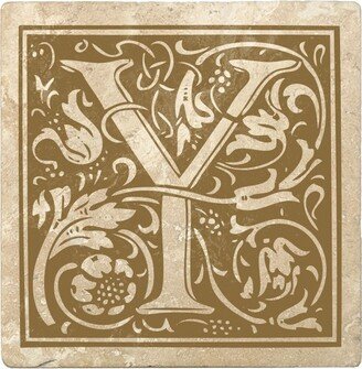 Set of 4 Ivory and Harvest Gold Alphabet Y Square Monogram Coasters 4