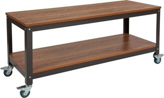 Livingston Collection TV Stand in Brown Oak Wood Grain Finish with Metal Wheels