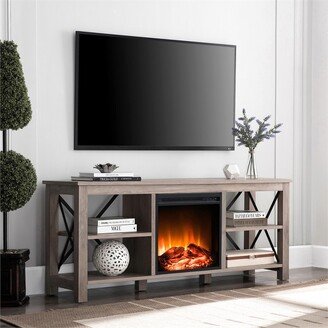 Henn& Hart Gray Oak TV Stand with Log Fireplace Insert - Henn&Hart