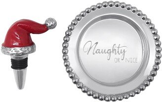 Red Santa Hat Bottle Stopper & Naughty Or Nice Wine Plate Gift Set