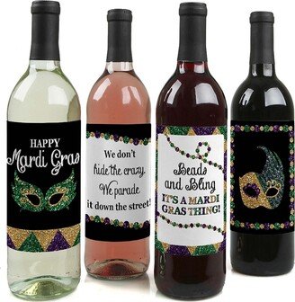Big Dot Of Happiness Mardi Gras - Masquerade Party Decor - Wine Bottle Label Stickers - 4 Ct