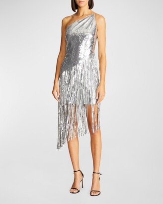 Tonya One-Shoulder Sequin Fringe Midi Dress