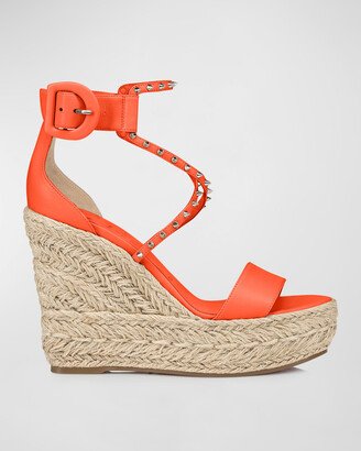 Leather Spikes Red Sole Wedge Espadrilles