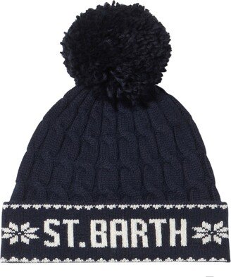 Man Navy Blue Beanie With Pompon