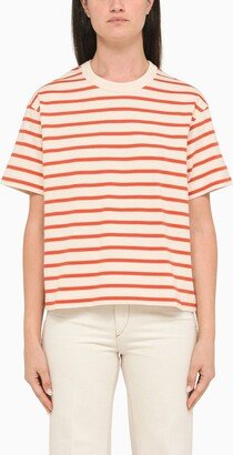 Red and off-white striped crew neck t-shirt