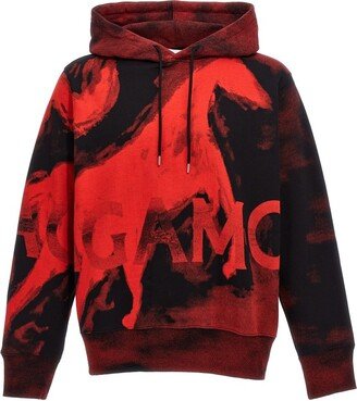 Mustang-Printed Drawstring Hoodie