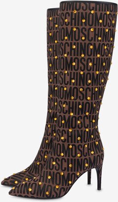 Allover Logo Nylon Boots With Rhinestones