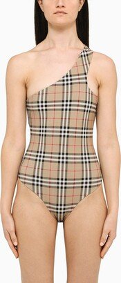 Vintage check beige one-shoulder costume