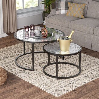 Round Coffee Table Set of 2 Set of 2 Nesting Tables, Metal Frame & Glass Top End Tables for Living Room Bedroom