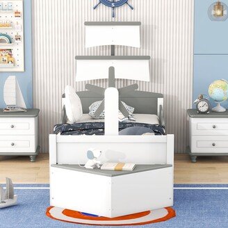 Twin Size Boat-Shaped Platform Bed with Twin size Trundle,Twin Bed with Storage for Bedroom-AA